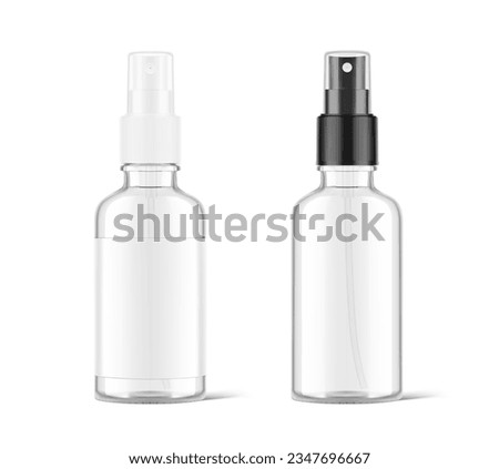 Realistic spray glass bottles mockup with white and black caps. Vector illustration isolated on white background. Сan be used for cosmetic, medical, sanitary and other needs. EPS10. Royalty-Free Stock Photo #2347696667