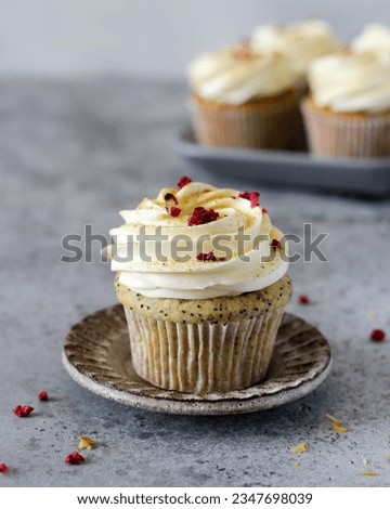 Poppy seed cupcakes with cream cheese frosting, sprinkled with freeze-dried raspberries, presented on beautiful handmade ceramic dishware. Artisan dessert setup