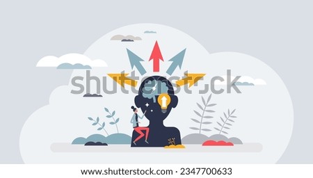 Personal growth and educational development with learning tiny person concept. Knowledge gain for mindset expanding and skills training vector illustration. Mind improvement and new idea evolution. Royalty-Free Stock Photo #2347700633
