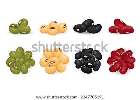 set of lentil seeds red adzuki, black gram, soy and green mung beans isolated on white background. vector illustration Royalty-Free Stock Photo #2347705391