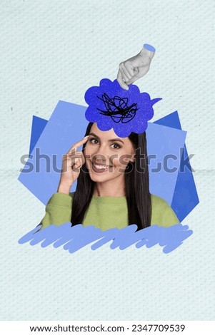Photo comics sketch collage picture of arm putting lady head fake news isolated creative blue color background