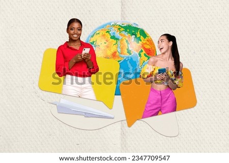 Creative composite artwork photo collage of cheerful happy girls chatting online from anywhere in world isolated on drawing background
