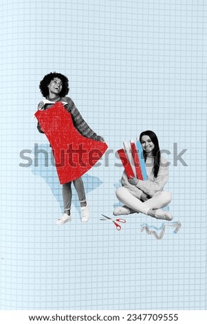 Vertical collage picture seamstress advertisement atelier girls trying create best dress red color trend isolated over plaid background