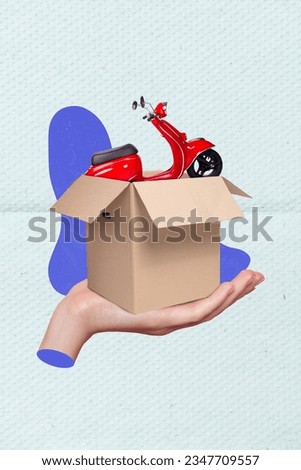 Vertical collage picture of arm palm hold mini opened carton box package vintage scooter isolated on drawing paper background