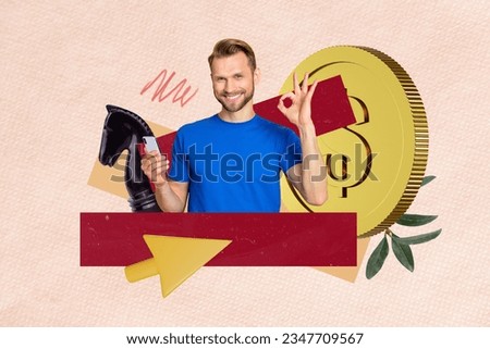 Artwork 3d collage picture of positive guy hols smart phone demonstrate oey symbol arrow pointer big money coin chess knight figure