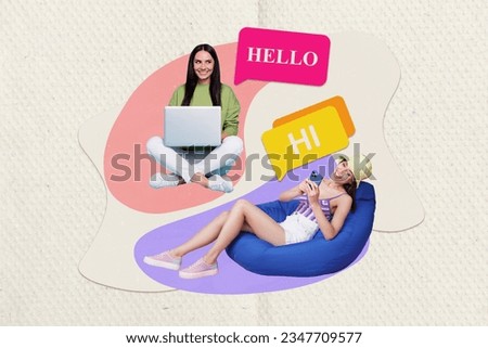 Collage picture of two positive girls use smart phone netbook chatting hello hi message dialogue bubble isolated on paper background