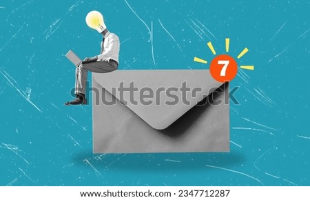 Man sending a business letter, light bulb instead of the head, businessman working at a laptop. Artistic collage