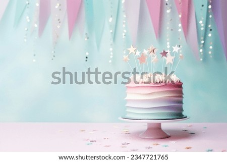 Beautiful pastel rainbow colored birthday cake with celebration bunting and gold star cake toppers Royalty-Free Stock Photo #2347721765
