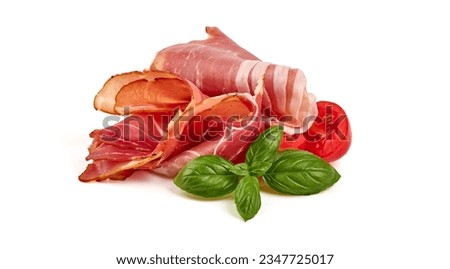 Dry Spanish ham, Jamon Serrano, Bellota, Italian Prosciutto Crudo or Parma ham, isolated on white background Royalty-Free Stock Photo #2347725017