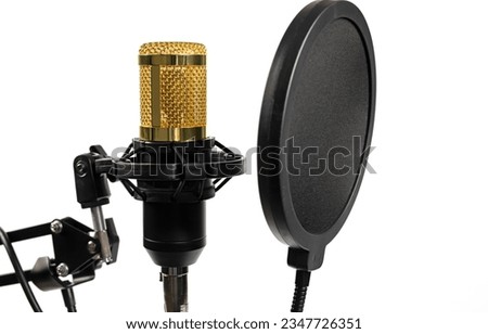 Microphone recording shoot in studio isolated on white background.