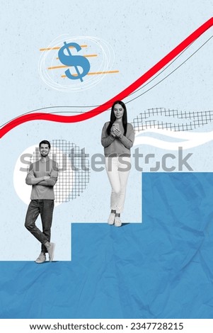 Full body photo collage artwork illustration of two partners woman and guy check their company income growth isolated over blue background