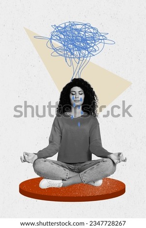 Photo spirituality collage of cute sitting woman balance meditation trying solve her problems crying overthink isolated on white background