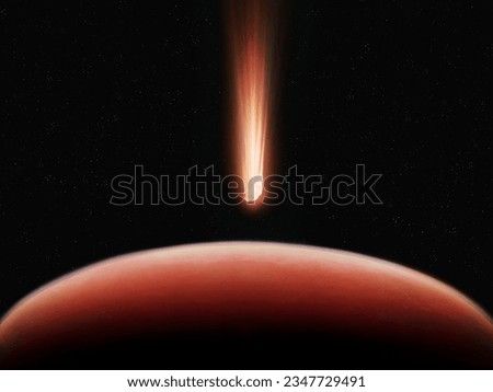 Comet over the surface of Mars. Celestial body is approaching the red planet. Dangerous meteorite heading towards Mars.