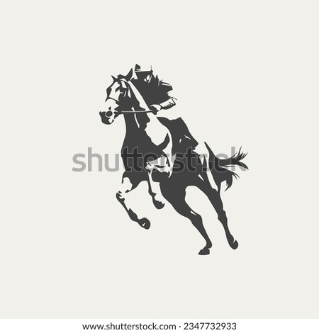 Black and white silhouette of a jockey and a horse during a race Royalty-Free Stock Photo #2347732933