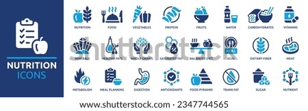 Nutrition icon set. Containing food, vegetables, water, meal planning, fruits, dietary fiber, protein, vitamins, healthy fats and carbohydrate icons. Solid icon collection. Vector illustration. Royalty-Free Stock Photo #2347744565