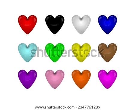 3d colorful heart shape collection. 12 colors of heart icon love symbol.