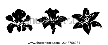 Iris, narcissus, and lily flowers. Set of black silhouettes of flowers isolated on a white background. Vector illustration Royalty-Free Stock Photo #2347768381