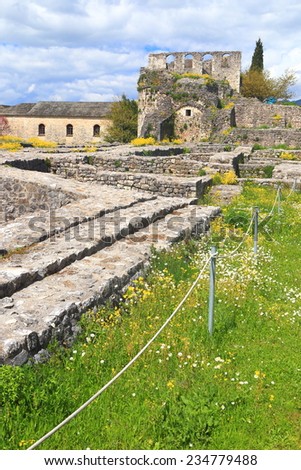 Old ruins of Byzantine fortress in Ioanina surrounded by spring flowers, Greece