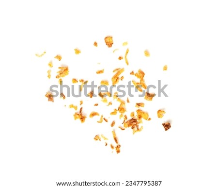 Roasted Onion Isolated, Scattered Dry Onion Pieces, Bulb Chips, Deep Fried Vegetable, Caramelized Shallot Sprinkles, Crispy Fried Onions on White Background Royalty-Free Stock Photo #2347795387