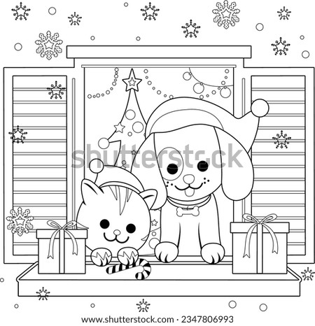 Cat and dog sitting on a window sill at Christmas. Vector black and white coloring page.