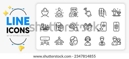 Voicemail, Interview job and Yoga line icons set for app include Businessman, Electric app, Biometric security outline thin icon. Cursor, Meeting, Consultant pictogram icon. Insomnia. Vector