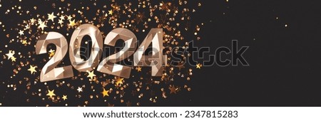 Banner with 2024 golden numbers and stars confetti on a black background. New Year concept.