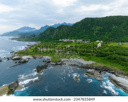 Drone fly over Taiwan Hualien rice field over the sea in Fengbin Township, Shitiping Coastal Stone Step Plain
