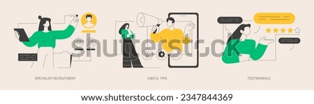 Human resources company abstract concept vector illustration set. Specialist recruitment, useful tips and testimonials, headhunting, professional advice and coach tips, feedback abstract metaphor. Royalty-Free Stock Photo #2347844369
