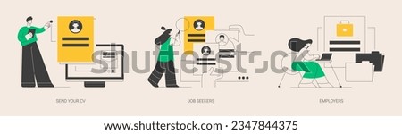 Headhunting company abstract concept vector illustration set. Send your CV, job seekers and employers, HR service, apply now, employee profile, career building, find vacancy abstract metaphor. Royalty-Free Stock Photo #2347844375