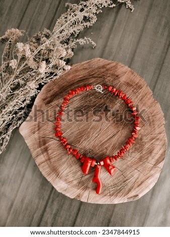 Red natural coral stone handmade necklace on the tree log, dried herbs. Ukrainian woman traditional jewelry, handcraft, flat lay. Irregular beaded coral necklace, gemstone jewelry, accessory top view  Royalty-Free Stock Photo #2347844915
