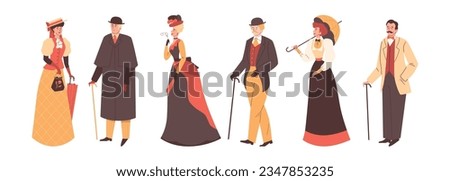 Cartoon vector set of 19th characters in classic Victorian style costume on white background. Antique fashion concept. European gentlemen, aristocrats. Ladies wear elegant gowns, hats and accessories Royalty-Free Stock Photo #2347853235