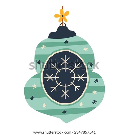 Christmas tree toy. Happy new year decoration in retro colors flat style with snowflakes. Christmas sticker - holiday symbol icon. Vector illustration.