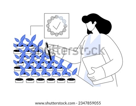 Examine modified crops abstract concept vector illustration. Professional biotechnologist testing modified crops, natural science, gene engineering industry, GMO plants abstract metaphor. Royalty-Free Stock Photo #2347859055