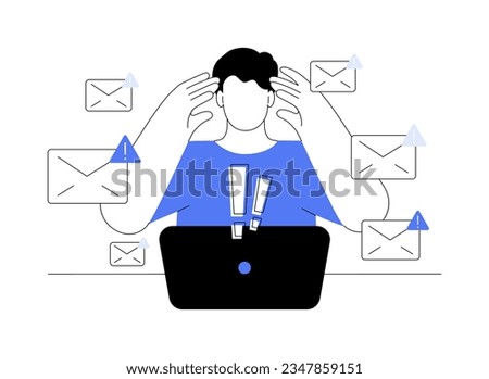 Spam abstract concept vector illustration. Confused man getting many spam emails, looking at laptop screen, IT technology, network hacking attack, cybersecurity threat abstract metaphor. Royalty-Free Stock Photo #2347859151