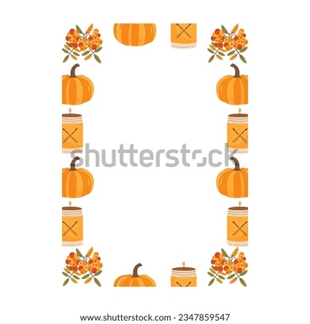 Autumn card. Fall season cozy poster. Autumn thanksgiving seasonal banner with candle, pumpkin. Stock vector design.