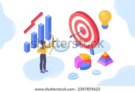 Woman with mission concept. Young girl with bow near target. Goal setting and motivation, vision for future. Leadership and motivation. Talented businesswoman. Cartoon isometric vector illustration