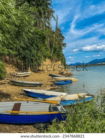 Photo of the coast of a lake full of abandoned boats with high cliffs covered with green vegetation.