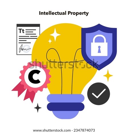 Intellectual property. Intangible creations of the human intellect, patented invention or art. Patents, copyrights, trademarks, and trade secrets. Flat vector illustration Royalty-Free Stock Photo #2347874073