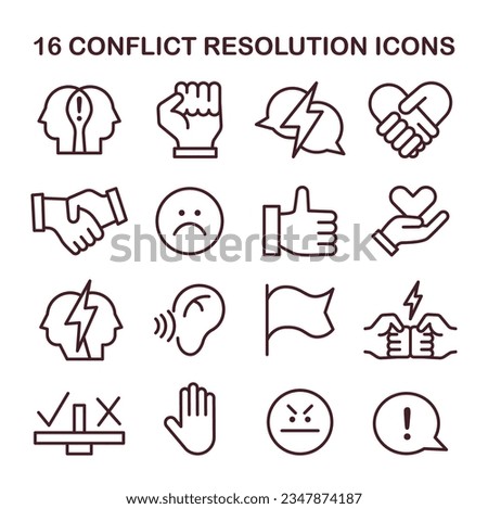Conflict resolution icons set. Soft skill development. Dispute or argument reconciliation, compromise on opposite opinions. Negotiation process. Flat vector illustration Royalty-Free Stock Photo #2347874187