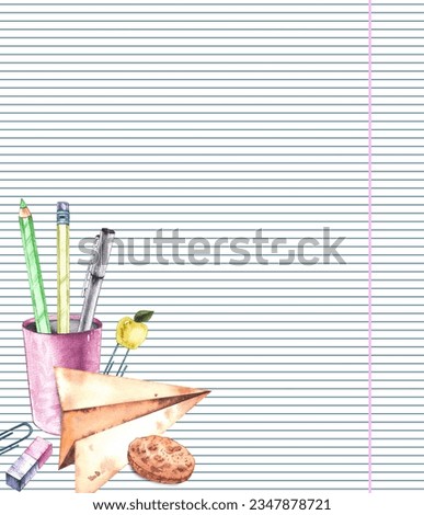 Back to school rectangular template. Hand-painted watercolor illustrations of art, craft and school supplies, pens, pencils for packaging design, notebooks, cards and backgrounds