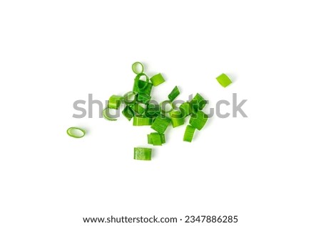 Green Onion Cuts Isolated, Scattered Fresh Chive Pile, Chopped Green Leek, Scallion Greens Pieces Chopped Chives, Spring Onion on White Background Top View Royalty-Free Stock Photo #2347886285