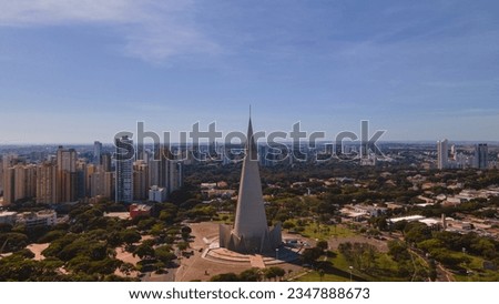 Aerial view of the cathedral, in the city of Maringa, state of Parana, Brazil. The cathedral is 124 meters high. It is considered the tenth highest religious monument in the world. Royalty-Free Stock Photo #2347888673