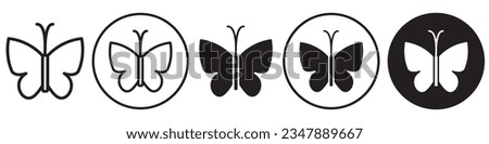 Butterfly icon, Symbol of free flying insect in nature. Vector set of black and white flat outlined butter fly beauty in wildlife with wings shows fantasy.