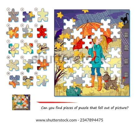 Logic game for children and adults. Can you find pieces of puzzle that fell out of picture? Page for kids brain teaser book. Task for attentiveness. Developing spatial thinking. Play online. Royalty-Free Stock Photo #2347894475
