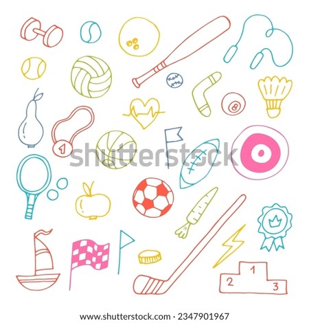 Set of hand drawn sport elements. Sport equipments icons collection. Fitness, healthy lifestyle. Vector illustration