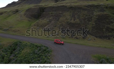 4X4 car driving on a country road in Þjórsardalur valley, along the river Þjorsa, Holtasoley flowers field, nearby the Burfell (Pjorsardal) and Hekla volcano in Iceland.