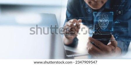 Authentication by facial recognition concept. Biometric. Security system. Business man scanning his face by smart phone to unlock and accessing personal data. Digital connections, data protection. Royalty-Free Stock Photo #2347909547