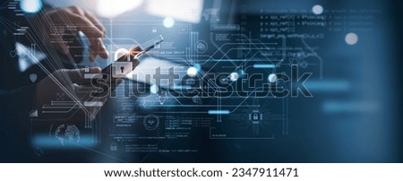 Cyber security network, data protection system concept. Man using computer and mobile phone with digital padlock, internet security network, data encryption, cybersecurity Royalty-Free Stock Photo #2347911471