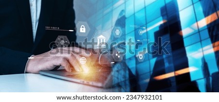 Virtual banking secure network, global online privacy and financial safety, digital identity shield, ensuring confidentiality in cyberspace for future ready businesses, cybersecurity evolution. Royalty-Free Stock Photo #2347932101
