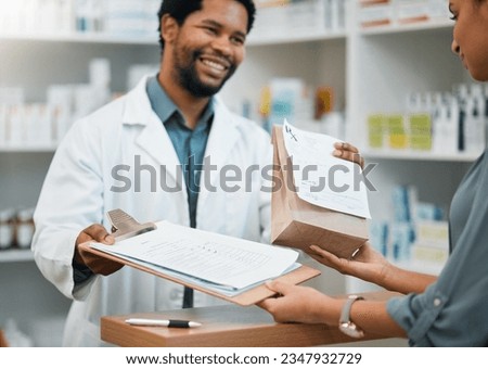 Happy pharmacist, paper bag and patient with clipboard for signature, prescription or consultation at pharmacy. Black man, medical or healthcare professional giving medication to sick customer